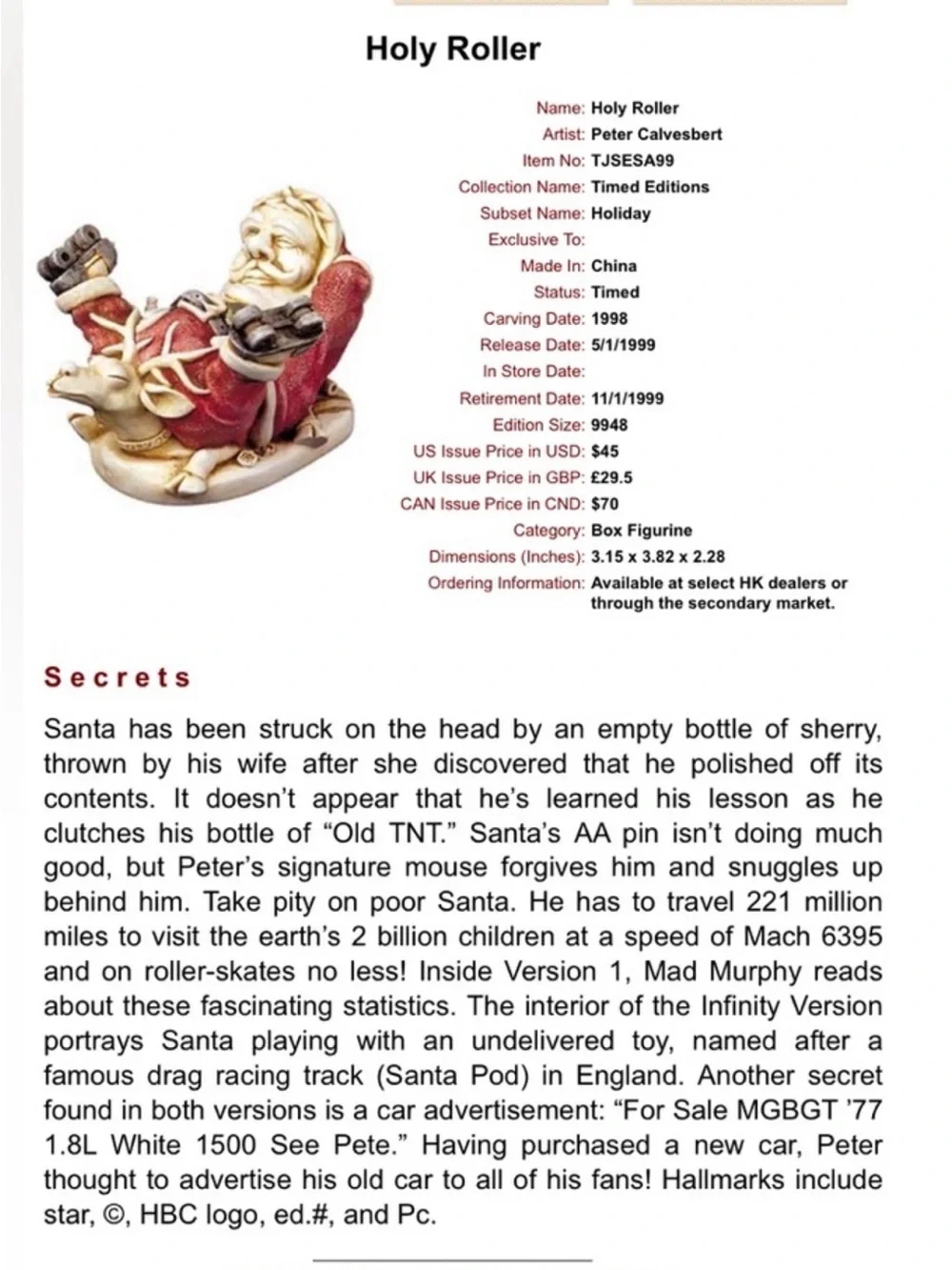Vintage Harmony Kingdom Santa Holy Roller